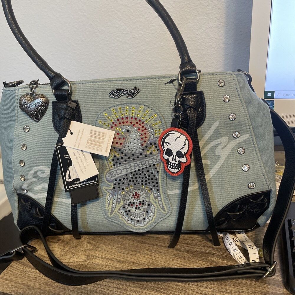 NWT Ed Hardy Demin Tote Bag Rhinestone Eagle Skull Studded Front Leather Strap
